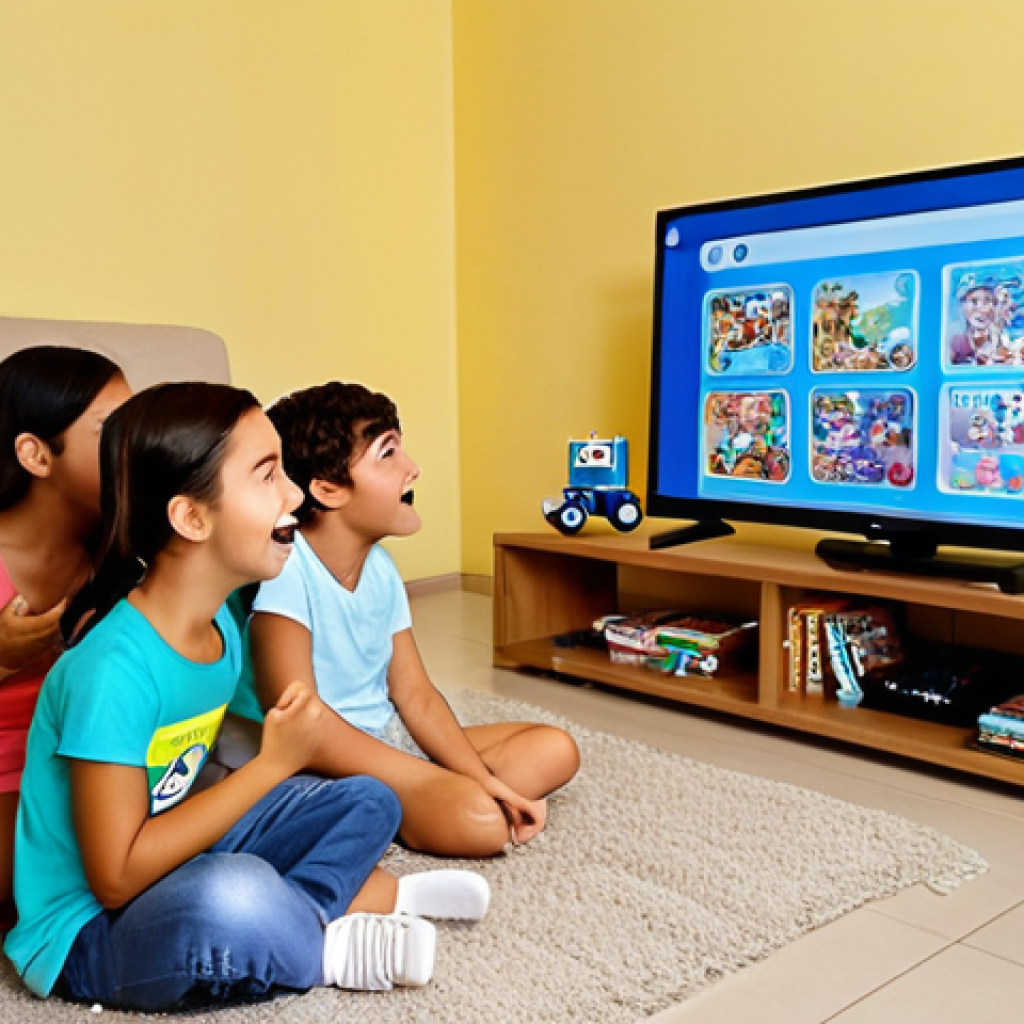 **Prompt:** A happy Brazilian family watching Robocar Poli DVDs together in their living room. The kids are excited and pointing at the screen. DVD cases are scattered around.