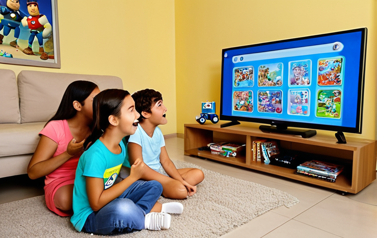 **Prompt:** A happy Brazilian family watching Robocar Poli DVDs together in their living room. The kids are excited and pointing at the screen. DVD cases are scattered around.