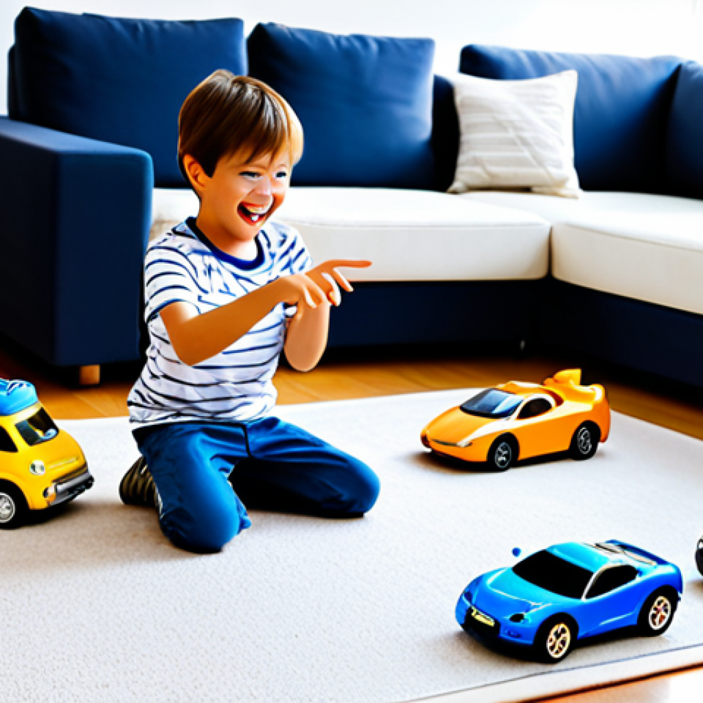 A young child, approximately 6 years old, with a joyful expression, playing on the floor of a brightly lit, family-friendly living room. The child is wearing modest, comfortable everyday clothing. They are surrounded by Robocar Poli toy vehicles, including Poli and Amber, arranged as if in a miniature safety scenario. The child is pointing towards one of the toys, indicating understanding or a simulated action. The background shows a clean, welcoming home environment. fully clothed, appropriate attire, safe for work, perfect anatomy, correct proportions, natural pose, well-formed hands, proper finger count, natural body proportions, professional photography, high quality, family-friendly content.