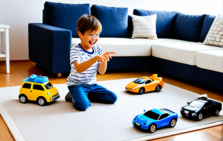 A young child, approximately 6 years old, with a joyful expression, playing on the floor of a brightly lit, family-friendly living room. The child is wearing modest, comfortable everyday clothing. They are surrounded by Robocar Poli toy vehicles, including Poli and Amber, arranged as if in a miniature safety scenario. The child is pointing towards one of the toys, indicating understanding or a simulated action. The background shows a clean, welcoming home environment. fully clothed, appropriate attire, safe for work, perfect anatomy, correct proportions, natural pose, well-formed hands, proper finger count, natural body proportions, professional photography, high quality, family-friendly content.