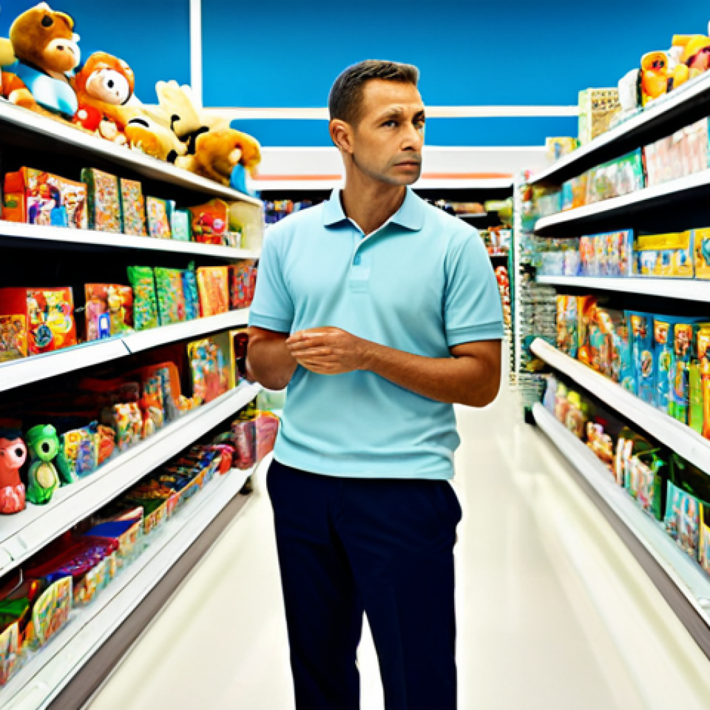 A thoughtful adult, dressed in a modest, professional polo shirt and trousers, stands in a brightly lit, clean toy store aisle. The person is gently observing a shelf filled with a variety of colorful, generic children's toys, conveying a focused, searching expression. The environment is well-organized with clear pathways. This is a realistic photograph with high quality, perfect anatomy, correct proportions, natural pose, well-formed hands, and proper finger count. The content is safe for work, appropriate, fully clothed, and professional.