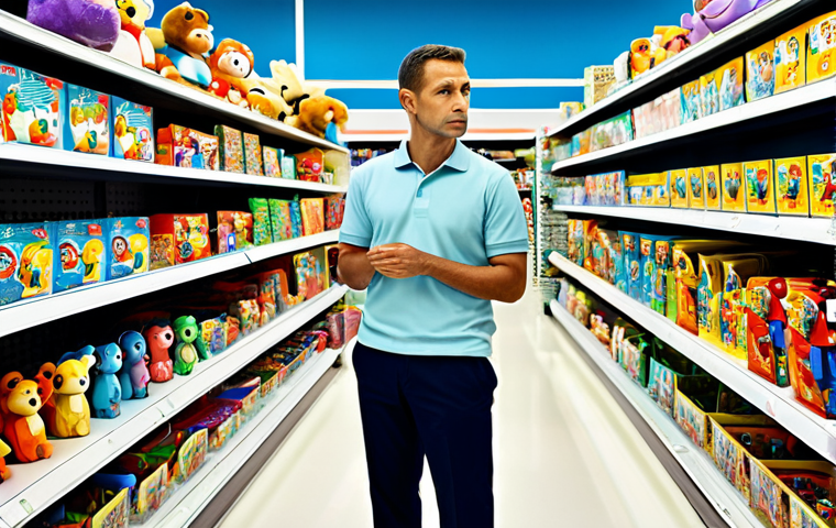 A thoughtful adult, dressed in a modest, professional polo shirt and trousers, stands in a brightly lit, clean toy store aisle. The person is gently observing a shelf filled with a variety of colorful, generic children's toys, conveying a focused, searching expression. The environment is well-organized with clear pathways. This is a realistic photograph with high quality, perfect anatomy, correct proportions, natural pose, well-formed hands, and proper finger count. The content is safe for work, appropriate, fully clothed, and professional.
