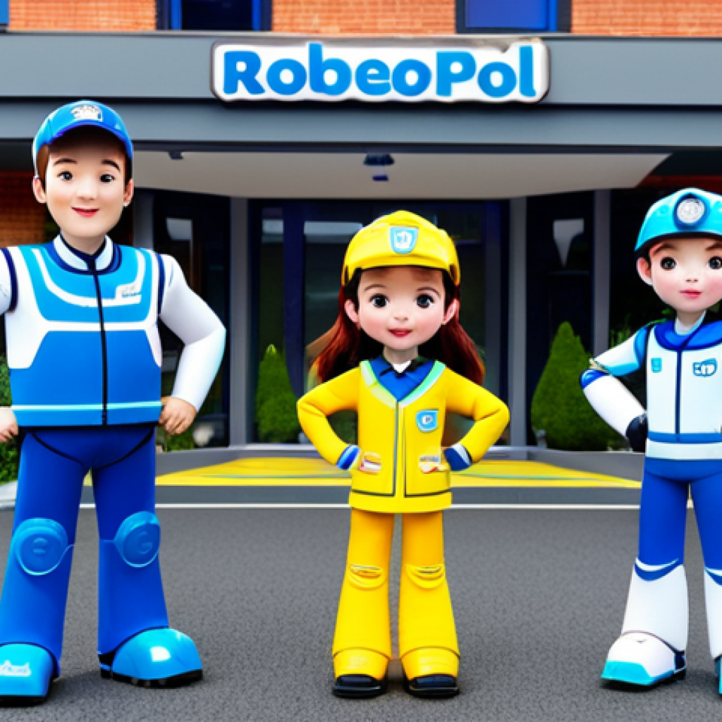 **

"A vibrant and cheerful scene of the Robocar Poli team (Poli, Roy, Amber, and Helly) standing together in front of their headquarters in Broomstown, fully clothed, appropriate attire, safe for work, perfect anatomy, correct proportions, family-friendly, well-formed hands, proper finger count, natural body proportions, clear and bright colors, professional illustration style."

**