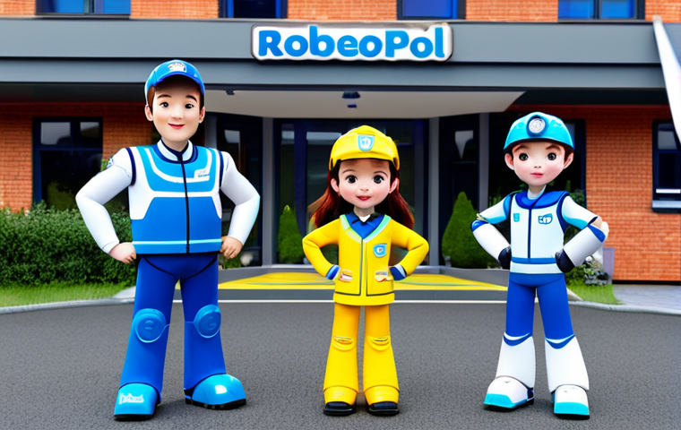 **

"A vibrant and cheerful scene of the Robocar Poli team (Poli, Roy, Amber, and Helly) standing together in front of their headquarters in Broomstown, fully clothed, appropriate attire, safe for work, perfect anatomy, correct proportions, family-friendly, well-formed hands, proper finger count, natural body proportions, clear and bright colors, professional illustration style."

**