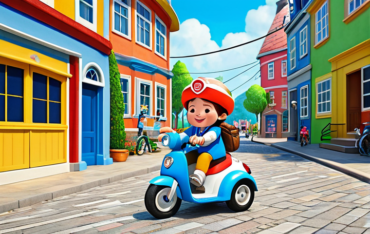Robocar Poli Adventure Scene**

"A vibrant and cheerful scene featuring Robocar Poli and his friends (Amber, Roy, Helly) in Vroomville, fully clothed in their character designs, assisting a child who is riding a bicycle. The background includes colorful buildings and friendly citizens. Safe for work, family-friendly, professional illustration, perfect anatomy, correct proportions, natural pose, well-formed hands, proper finger count, natural body proportions, appropriate content, high quality."

**