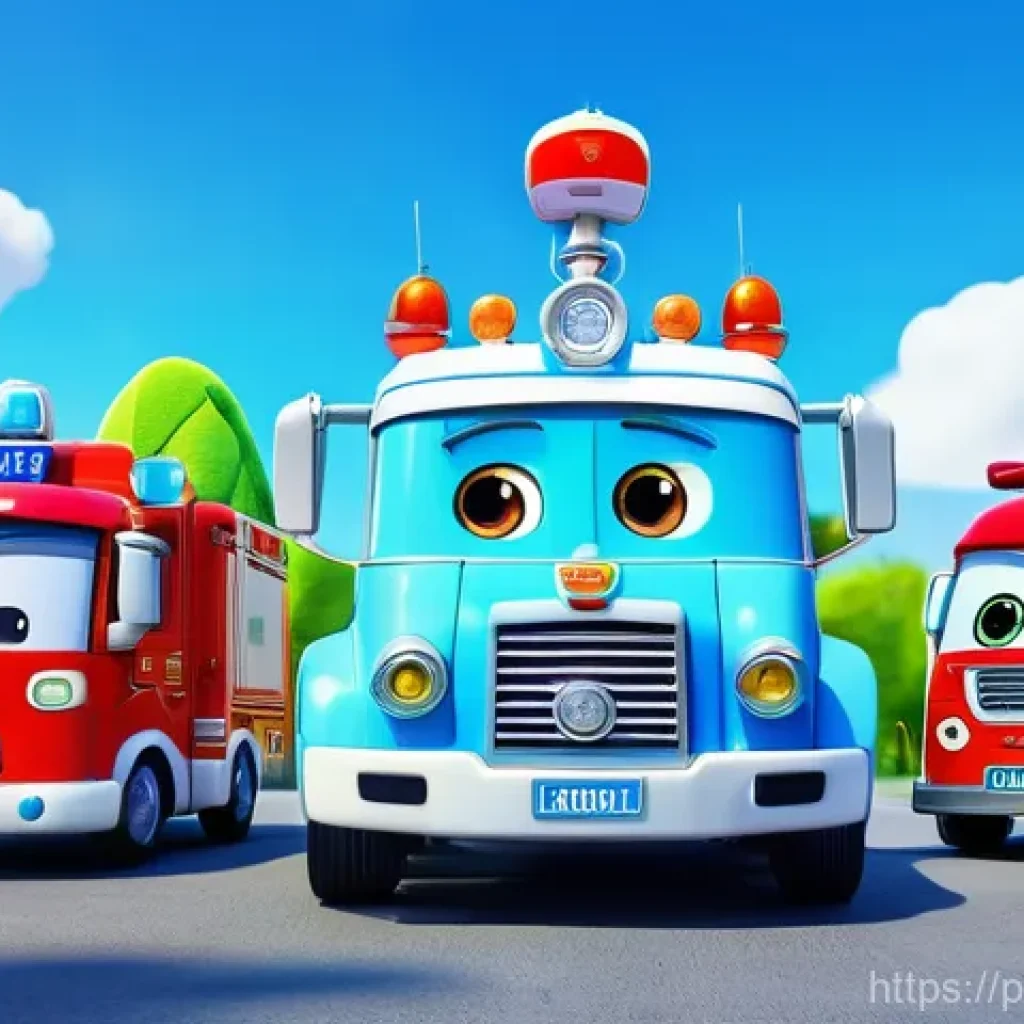 로보카폴리 제작 과정의 디테일 - "A cheerful scene featuring the Robocar Poli rescue team: Poli the police car, Roy the fire truck, A...