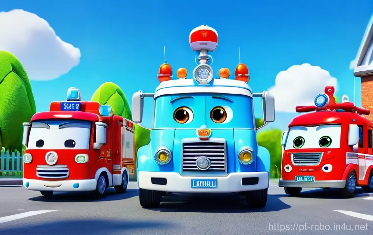 로보카폴리 제작 과정의 디테일 - "A cheerful scene featuring the Robocar Poli rescue team: Poli the police car, Roy the fire truck, A...