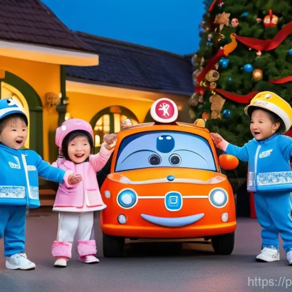 로보카폴리 크리스마스 이벤트 - A vibrant, cheerful scene at a Christmas-themed "Robocar Poli" event. Robocar Poli, Amber, Roy, and ...