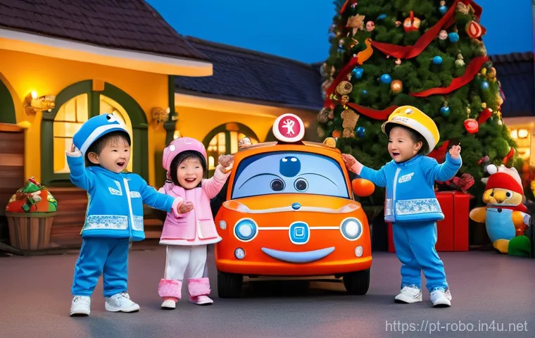 로보카폴리 크리스마스 이벤트 - A vibrant, cheerful scene at a Christmas-themed "Robocar Poli" event. Robocar Poli, Amber, Roy, and ...