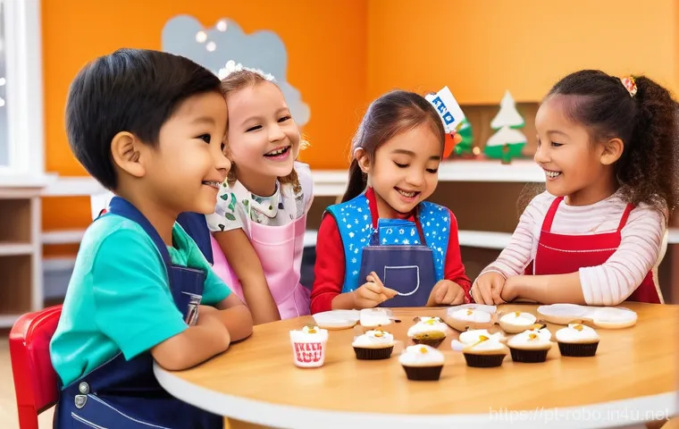 로보카폴리 크리스마스 이벤트 - An engaging, interactive scene depicting children aged 6-12 actively participating in a "Robocar Pol...