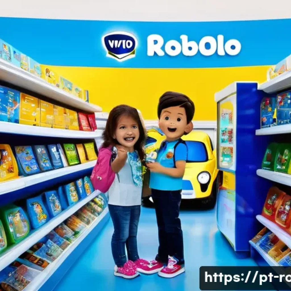 로보카폴리 굿즈 매장 - A vibrant and colorful toy store aisle in Brazil featuring official Robocar Poli merchandise neatly ...