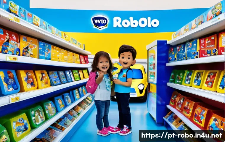 로보카폴리 굿즈 매장 - A vibrant and colorful toy store aisle in Brazil featuring official Robocar Poli merchandise neatly ...