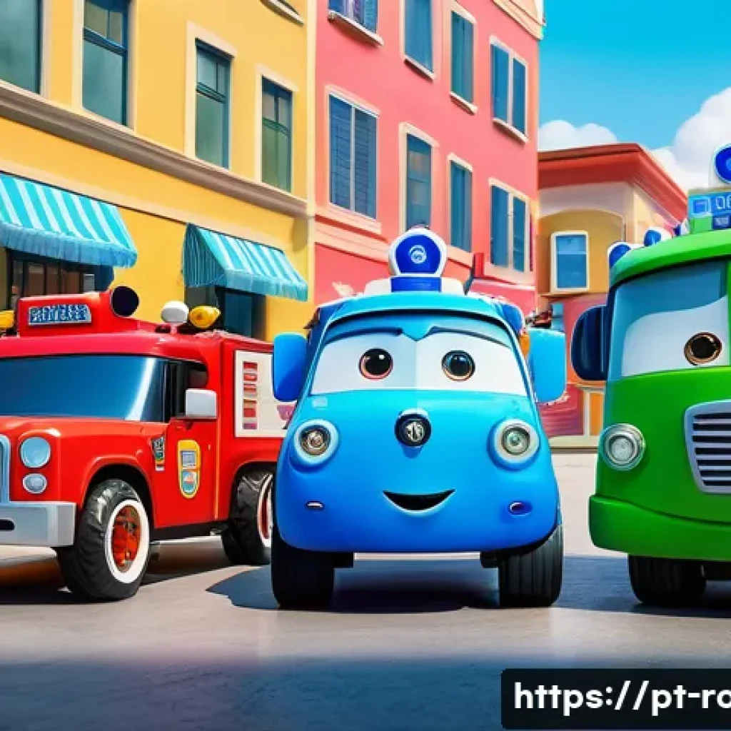 로보카폴리 명장면 - A vibrant scene showing Robocar Poli characters mid-transformation from colorful, friendly vehicles ...