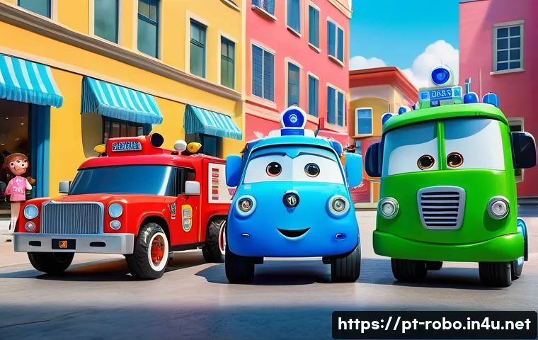 로보카폴리 명장면 - A vibrant scene showing Robocar Poli characters mid-transformation from colorful, friendly vehicles ...