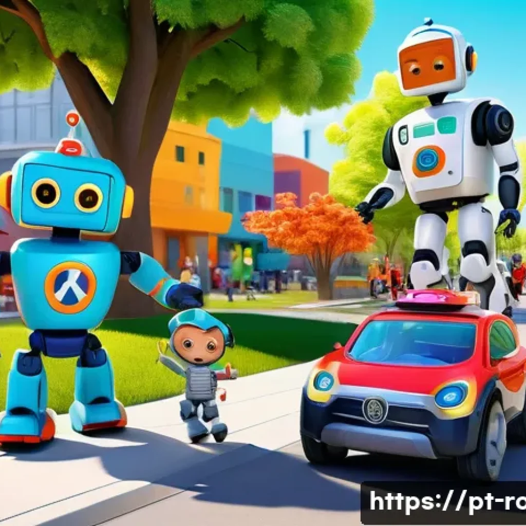 로보카폴리 제작진의 열정 - A vibrant 3D animated scene featuring colorful, friendly robot vehicles resembling emergency and res...