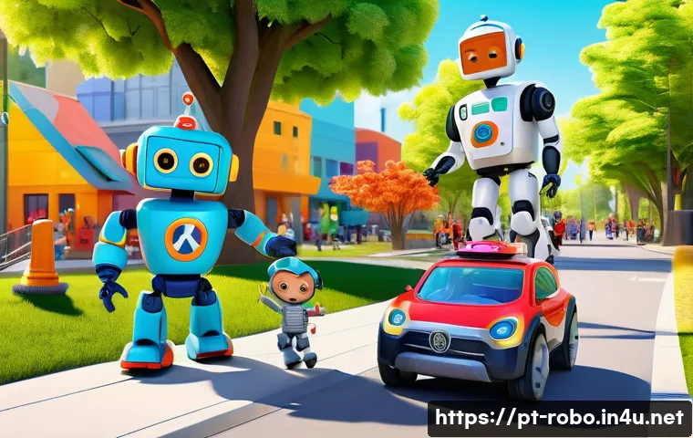 로보카폴리 제작진의 열정 - A vibrant 3D animated scene featuring colorful, friendly robot vehicles resembling emergency and res...