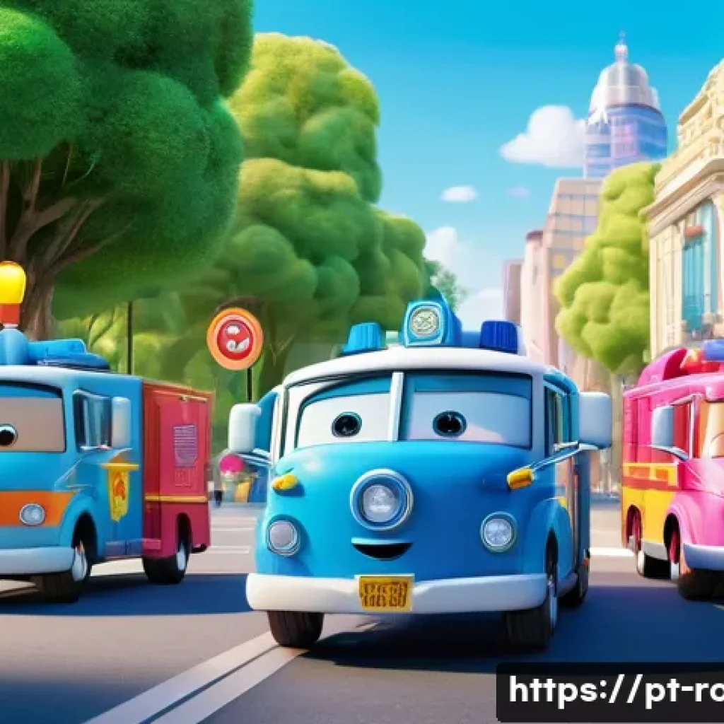 로보카폴리 제작진 인터뷰 - A vibrant, colorful 3D scene featuring the main characters of Robocar Poli standing together in a su...