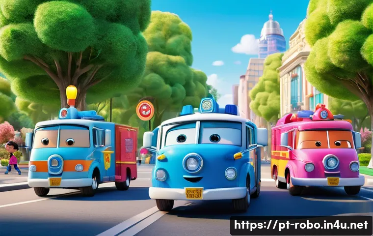 로보카폴리 제작진 인터뷰 - A vibrant, colorful 3D scene featuring the main characters of Robocar Poli standing together in a su...