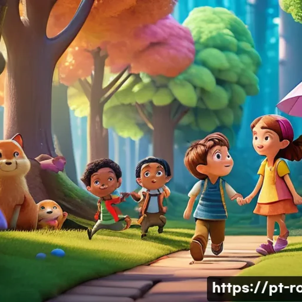 로보카폴리와 애니메이션 편집 기술 - A vibrant 3D animated scene showcasing a group of diverse children’s characters in playful poses wit...