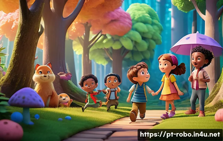 로보카폴리와 애니메이션 편집 기술 - A vibrant 3D animated scene showcasing a group of diverse children’s characters in playful poses wit...