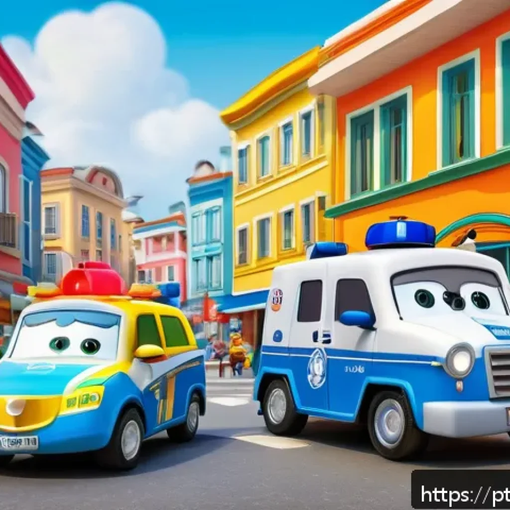 로보카폴리 캐릭터 분석 - A vibrant scene showing a diverse group of animated rescue vehicles inspired by Robocar Poli charact...