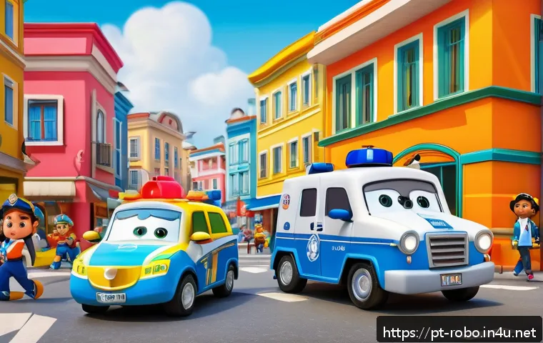 로보카폴리 캐릭터 분석 - A vibrant scene showing a diverse group of animated rescue vehicles inspired by Robocar Poli charact...