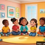 로보카폴리 유튜브 채널 - A vibrant, colorful animation scene showing a diverse group of preschool children wearing playful, a...