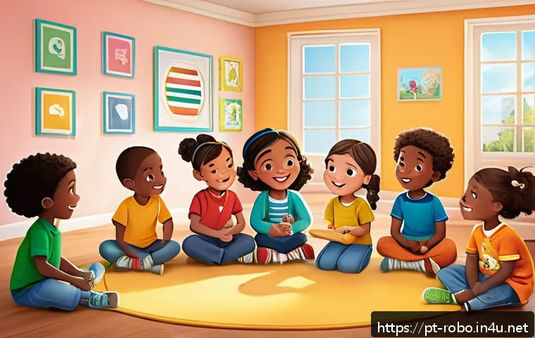 로보카폴리 유튜브 채널 - A vibrant, colorful animation scene showing a diverse group of preschool children wearing playful, a...