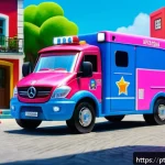 로보카폴리 애니메이션 리뷰 - A vibrant and colorful scene featuring anthropomorphic rescue vehicles inspired by Robocar Poli, inc...