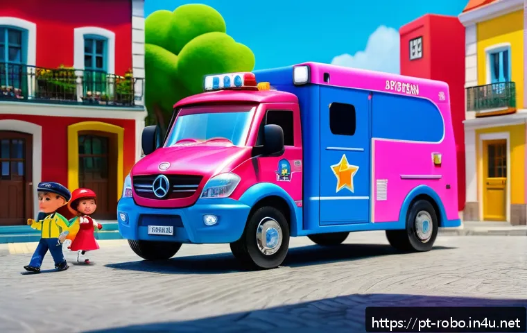 로보카폴리 애니메이션 리뷰 - A vibrant and colorful scene featuring anthropomorphic rescue vehicles inspired by Robocar Poli, inc...