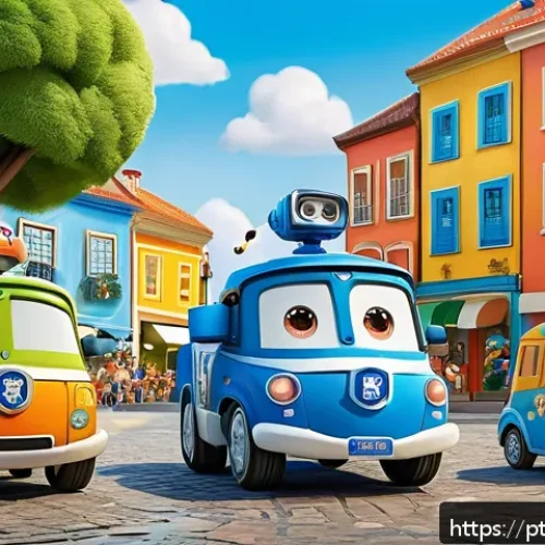 로보카폴리 팬카페 - A vibrant and colorful scene featuring the main Robocar Poli characters and new friends gathered in ...
