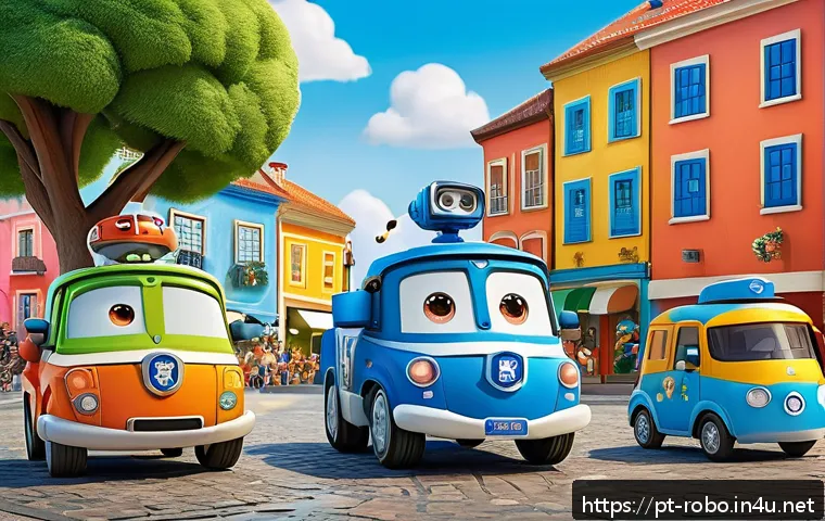 로보카폴리 팬카페 - A vibrant and colorful scene featuring the main Robocar Poli characters and new friends gathered in ...
