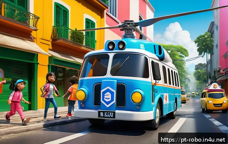 로보카폴리의 독특한 세계관 - A vibrant scene showing the main characters from Robocar Poli in action during a rescue mission in a...