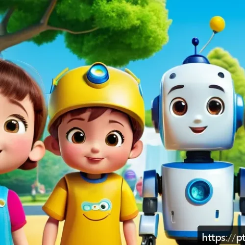 로보카폴리 유아 교육 콘텐츠 - A vibrant and colorful scene featuring the Robocar Poli characters in a cheerful park setting, each ...