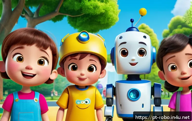 로보카폴리 유아 교육 콘텐츠 - A vibrant and colorful scene featuring the Robocar Poli characters in a cheerful park setting, each ...