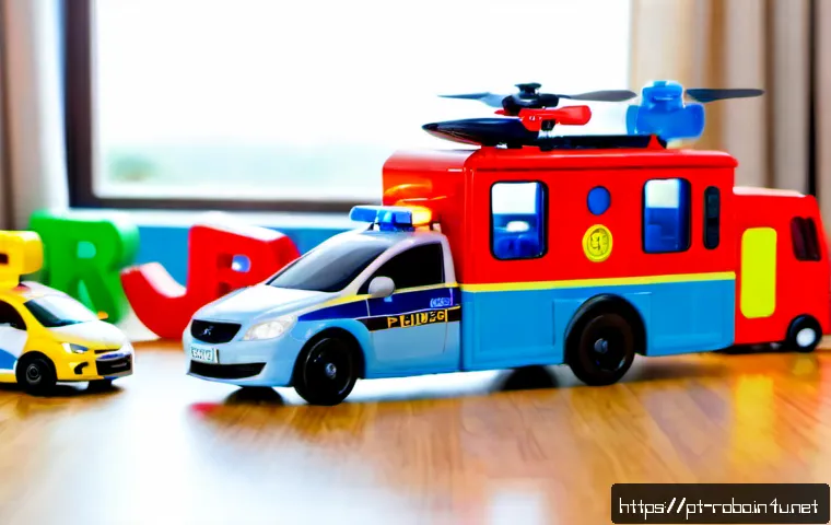 로보카폴리 장난감의 발전 - Photorealistic evolution of children’s rescue vehicle toys arranged chronologically on a bright wood...