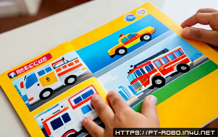Home 17 로보카폴리 스티커북 - Photorealistic close-up of a colorful children’s sticker activity book open on a tidy Brazilian fami...